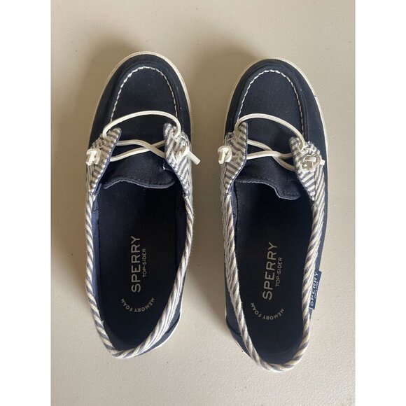 Sperry Navy Blue Canvas Boat Shoes Striped Slip On Nautical Preppy Coastal Beach - Picture 7 of 9